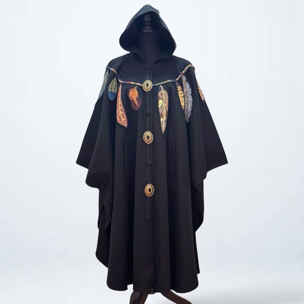Coloratura Southwest Hooded Black Wool Cloak Cape Coat w/ Feathers and Conchos